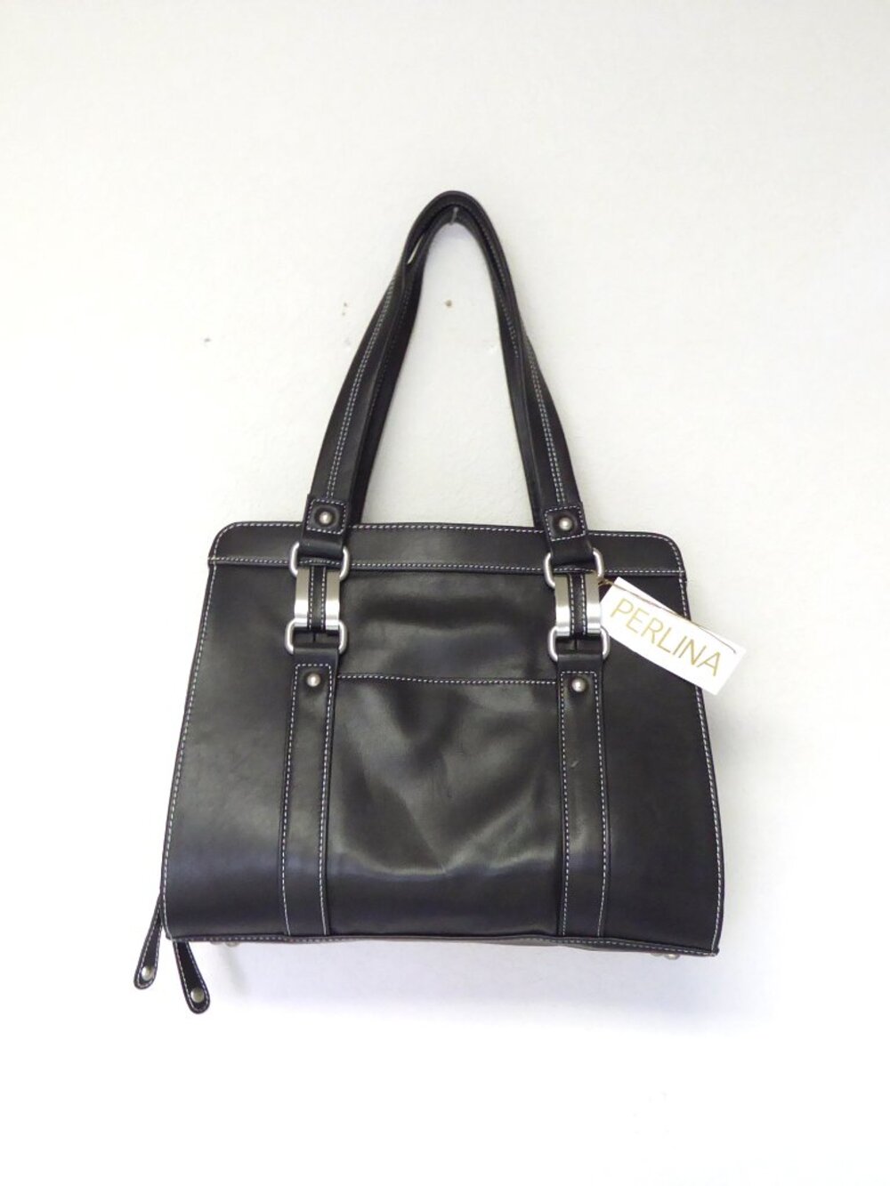 New with tags Perlina soft black leather silver hardware zipper handbag